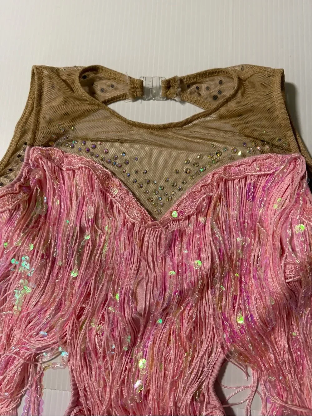 Glamour competition, solo dance costume pink fringe ballroom flapper jazz XSA